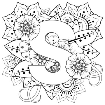 Letter S with Mehndi flower. decorative ornament in ethnic oriental style. coloring book page. 
