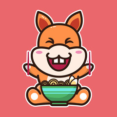 
vector illustration of cute squirrel eating noodles