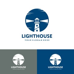 Lighthouse with sunrise flat style logo vector icon illustration design