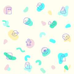 Vector illustration of a cute Ghost and Halloween. Collection of Frankenstein, Skeleton, Eyeball, spook, alien, boo and other elements. Isolated on beige.