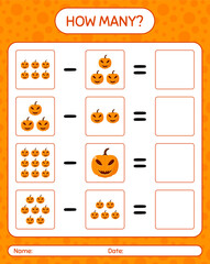 How many counting game with jack o' lantern. worksheet for preschool kids, kids activity sheet