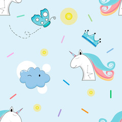 Seamless pattern with cute unicorn.Background light blue.Vector illustration.