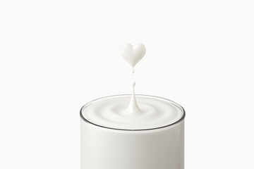 splash of milk in the glass and pouring, heart shape, isolated on background with clipping path