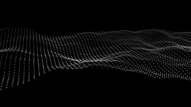 digital 3D wire mesh plexus waving terrain topography abstract technology background - moving dots and lines network connection structure in black space background 