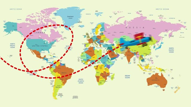 detailed colorful world map with trail track from classic vintage cute funny air vehicle transportation plane flying to destination city 