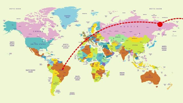 detailed colorful world map with trail track from air vehicle transportation flying to destination city 