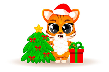 Cute cartoon tiger cub with Christmas tree and gift. Christmas concept, Chinese New Year, a symbol of 2022. Fashionable sticker. Christmas card. Vector illustration isolated on white background.