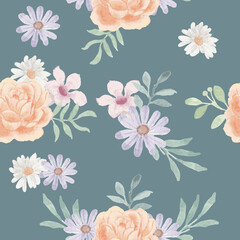 Orange Rose and White Watercolor Flower Seamless Pattern