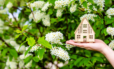 The girl holds the house symbol against the background of blossoming Bird cherry
