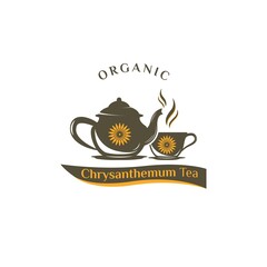 Chrysanthemum Tea Logo Design. With teapot, flower, and cup icon. Chinese tradition drink. Premium, vintage, and luxury logo