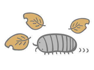 かわいいダンゴムシと枯れ葉のセット／手書きイラスト