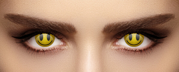 Funny Smiley Face Lenses. Creepy Halloween Style with Bright make-up and Horror Accessories