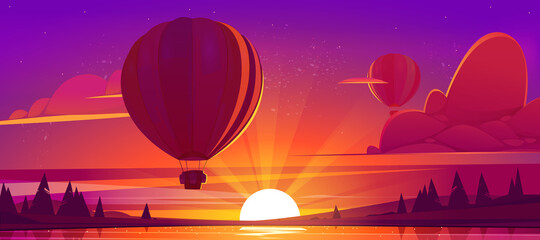 Sunset landscape with flying hot air balloons, lake and sun on horizon. Vector cartoon illustration of airships with baskets fly over river and coniferous forest on coast at evening