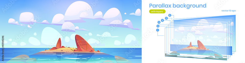 Poster sea landscape with small sand island with stones in water. parallax background with layers for 2d an