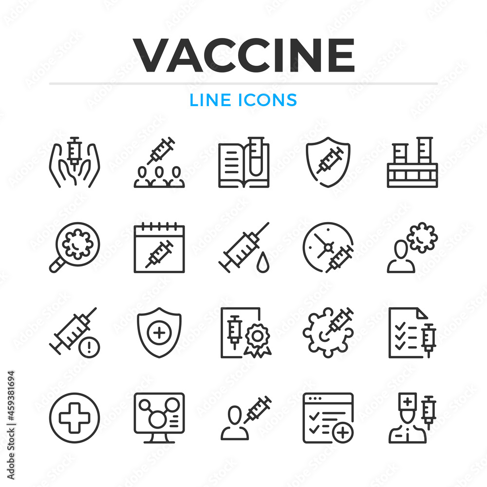 Poster vaccine line icons set. modern outline elements, graphic design concepts, simple symbols collection.