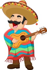 Cartoon Mexican man playing the guitar and singing