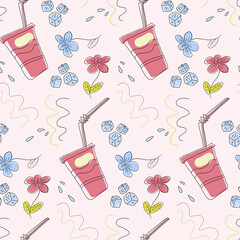 Abstract pattern with cups, ice cubes, and flowers and wavy lines. Seamless vector pattern.
