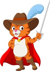 Cartoon puss in boots holding sword