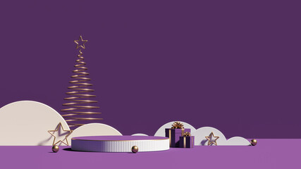 Luxury mockup podium with gift boxes, gold stars for branding and packaging presentation. Violet and gold christmas pedestal. Cosmetic and fashion concept. 3d render. 3d illustration.