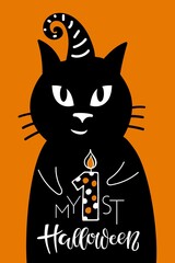 My 1st Halloween lettering sign on orange background. Black cat with witch's cap and Celebration quote for baby Halloween. Halloween Flat Vector illustration for festive home decor, invitation, gifts