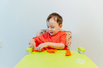 A cute little boy uses a game dough at a table indoors. The concept of early development, creativity with children