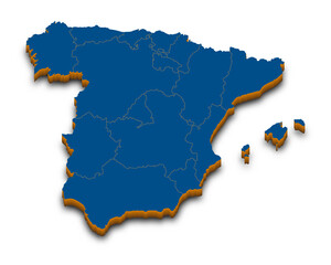Obraz premium Spain map vector. High detailed administrative 3D map of Spain with dropped shadow. Vector blue isometric silhouette with administrative divisions. All isolated on white background