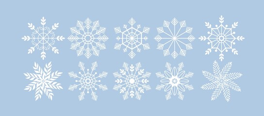 Snowflake silhouette vector set. Christmas and New Year holidays elements for greeting card. Winter line style isolated illustration. White Snowflakes icon. Crystal snow logo on blue