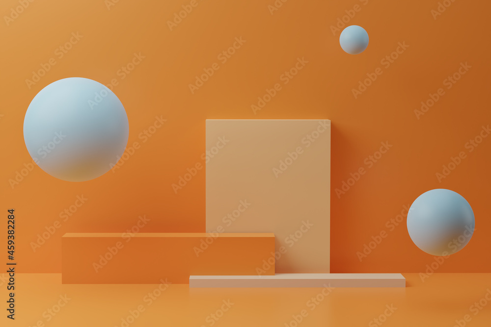 Poster blue bubbles and colorful square podium on orange background. 3d render with geometric figures, mini