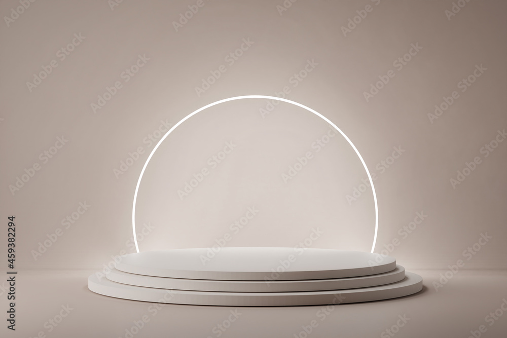 Poster 3d render of light circle podium on beige background with glowing light line. abstract background wi