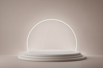 3d render of light circle podium on beige background with glowing light line. Abstract background with round pedestal. Empty stage for showing product