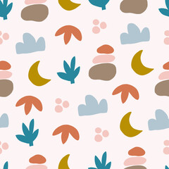 Stoffe zum Nähen Vector seamless patterns with colorful abstract modern shape, leaves. Hand drawn contemporary trendy flat illustration. Geometric drawings on white background. For print, wall art, textile.