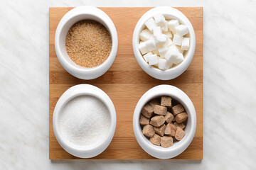 Bowls with sugar on light background