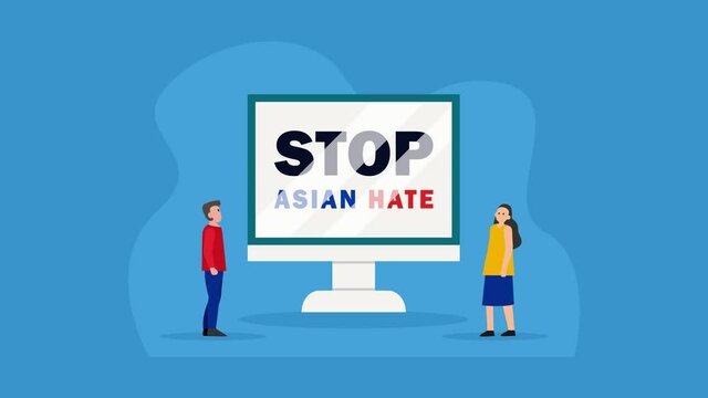 Two young people looking at stop asian hate text