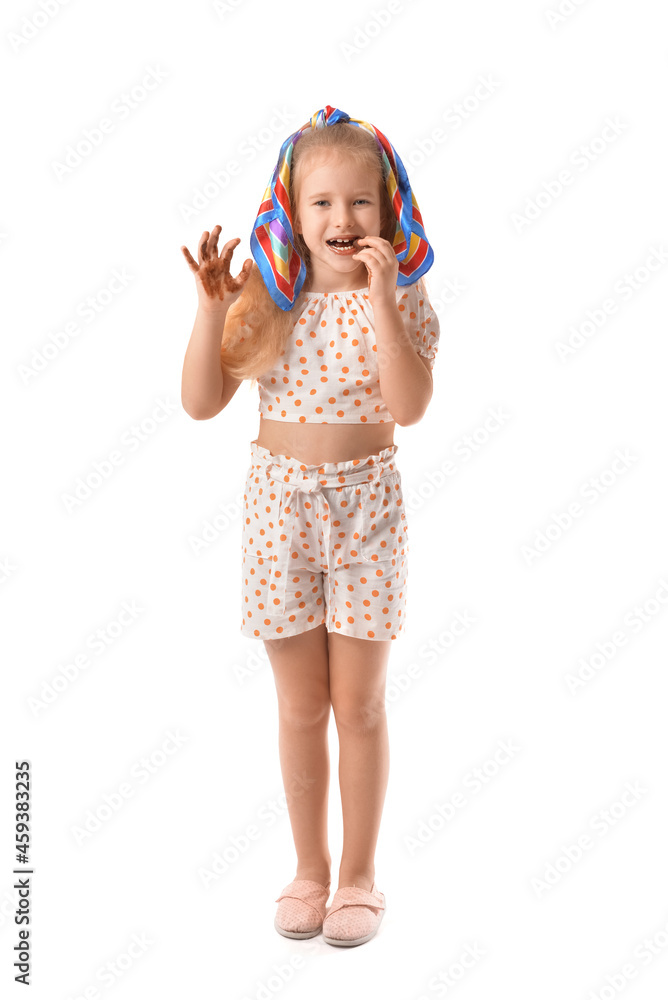 Sticker cute little girl eating sweet chocolate on white background