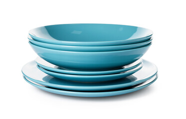 Set of blue clean dishes on white background