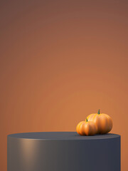 Halloween product mockup background with 3D orange product podium display and pumpkin,3D render illustration