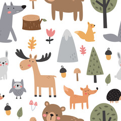 vector seamless cute pattern with woodland animals