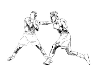Fototapeta na wymiar Boxing. Boxers are fighting a duel isolated on a white background. Black and white graphics. Drawn vector illustration