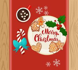 Naklejka premium Plate with gingerbread Christmas cookies with hot cocoa. Hand lettering composition. Top view vector illustration for new year and winter holiday design.