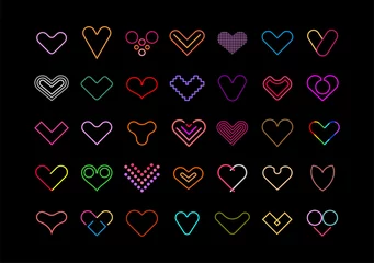 Fototapete Abstrakte Kunst Neonfarben auf schwarzem Hintergrund isoliert Hearts-Vektor-Icon-Set. Dekorative Gestaltungselemente. Großes Bündel mehrfarbiger Herzformen. Kann als Logo verwendet werden.