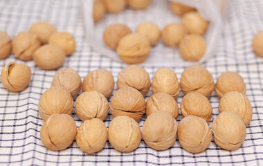 A lot of whole walnuts on a napkin close-up. Healthy, organic and healthy food with a high content of protein and protein.