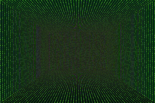 3d Grid perspective room in matrix technology style. Virtual reality tunnel or wormhole. Abstract binary computer code background