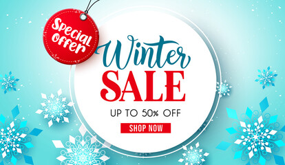 Winter sale text vector template. Winter sale special offer in circle frame space in snow flakes background for business clearance promo banner ads design. Vector illustration.
