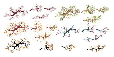 Branch in four different seasons. Set of four in different seasons, vector illustration
