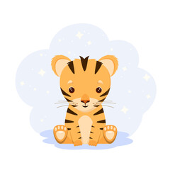 Cute tiger in cartoon style on a blue background.
