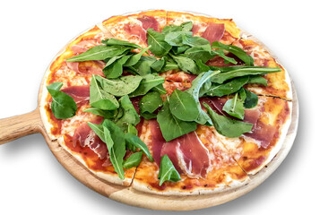 Pan pizza on wood plate at the restaurant.