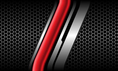 Abstract red glossy silver line cyber on grey hexagon mesh black design modern luxury futuristic technology vector