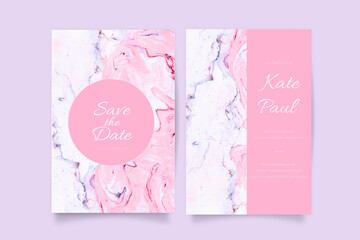 Wedding invitation with abstract ink, pink and lilac pastel stains, marble.