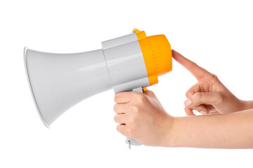 Woman with megaphone on white background