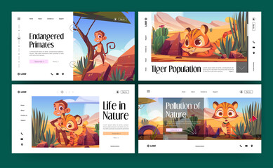 Save nature cartoon landing pages, wild African animals tiger cub and monkey in desert natural landscape. Life and pollution of nature, endangered species, primates population, Vector web banners set